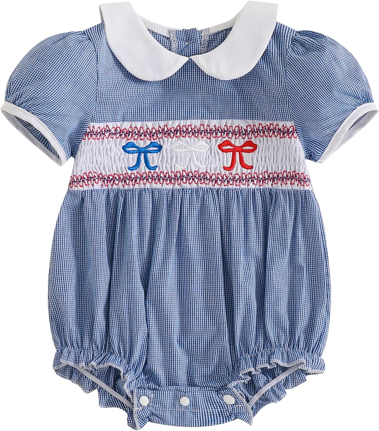 Newborn Baby Girl Bow Smocked Bubble Romper Short Puff Sleeve Doll Collar Plaid Bodysuit Infant Cute Summer One-Piece Outfit