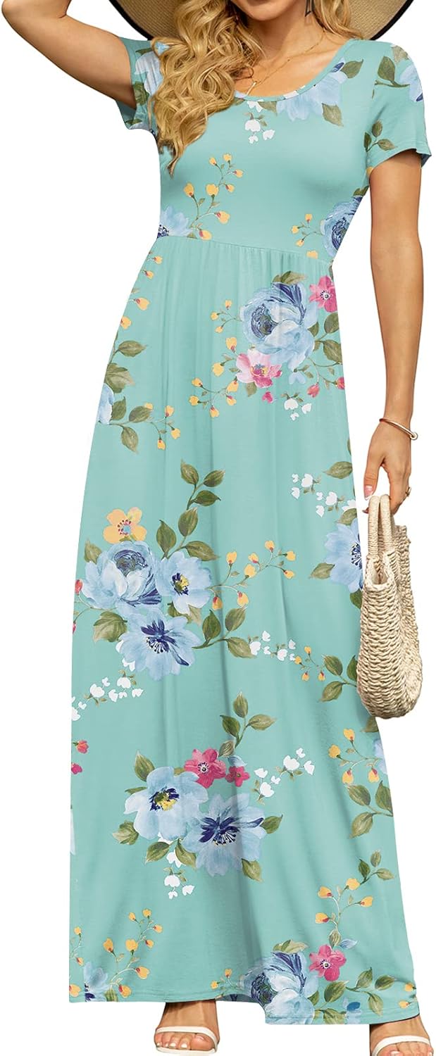 Women's Short Sleeve Maxi Dresses Casual Empire Waist Long Dress with Pockets Medium Mint Green Floral
