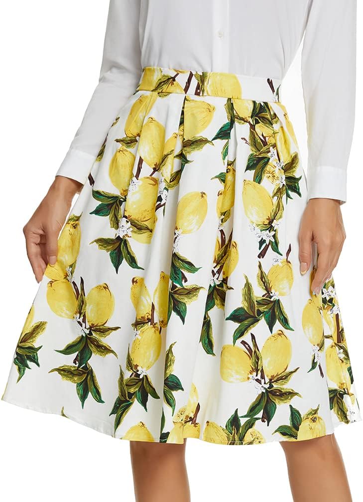 Women's Vintage A-line Printed Pleated Flared Midi Skirt with Pockets