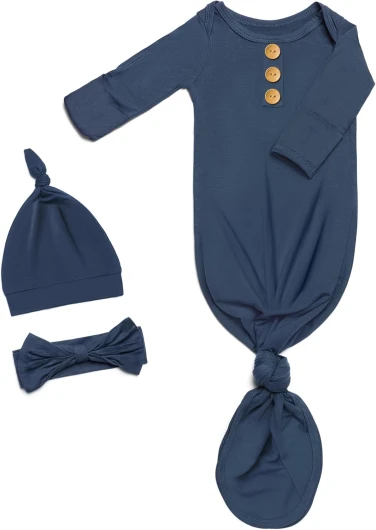 Soft Newborn Knotted Gown with Hairband and Hat, Baby Boy Girl Coming Home Outfit, Sleeper Baby Sleep Gown with Mittens