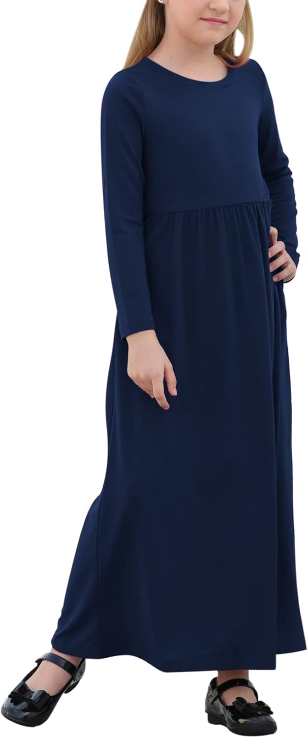 Girl's Long Sleeve Floral Print Loose Casual Holiday Long Maxi Dress with Pockets 4-12 Years