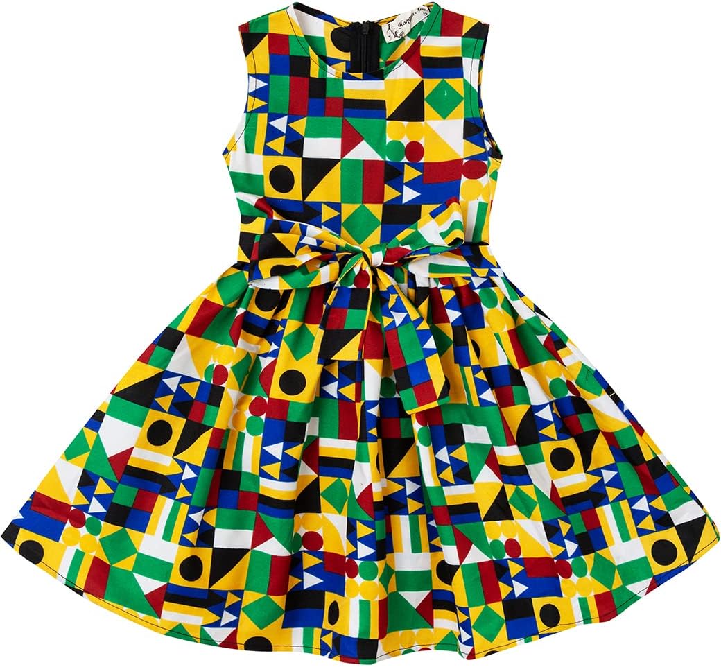 Girls' African Sleeveless Tie Waist Vintage Print Dresses
