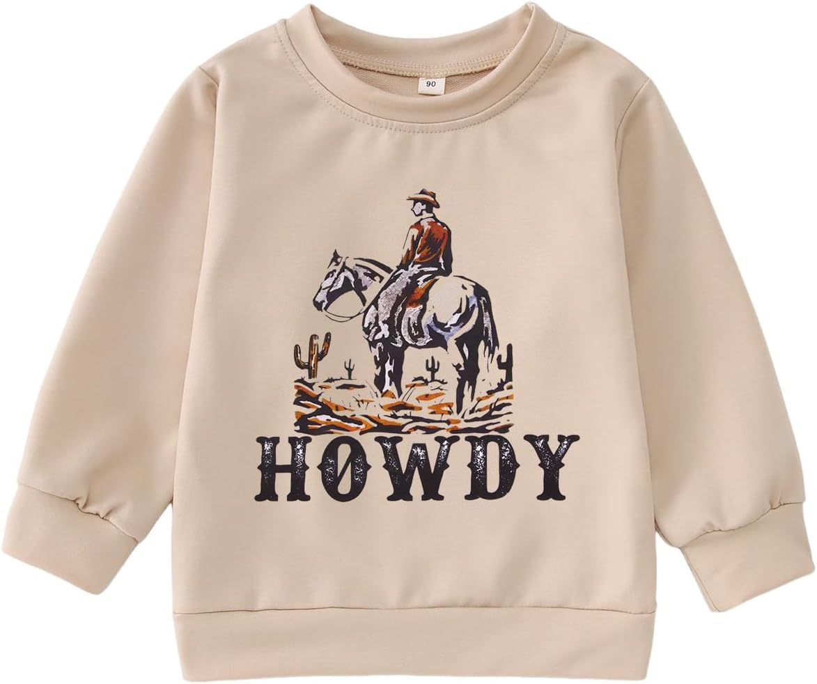Toddler Boy Howdy Sweatshirt Cowboy Western Graphic Long Sleeve T-Shirt Kids Vintage Rodeo Lightweight Pullover Tops