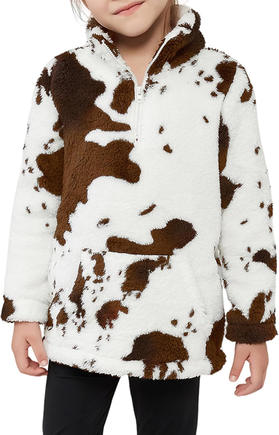 Girls Cow Print Pullover Quarter-Zip Sherpa Fleece Jackets Casual Fuzzy Outwear Coat with Pockets