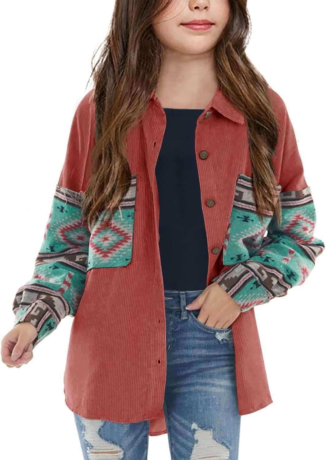 Girls Aztec Print Corduroy Jacket Fall Button Down Long Sleeve Shirt Overszied Shacket