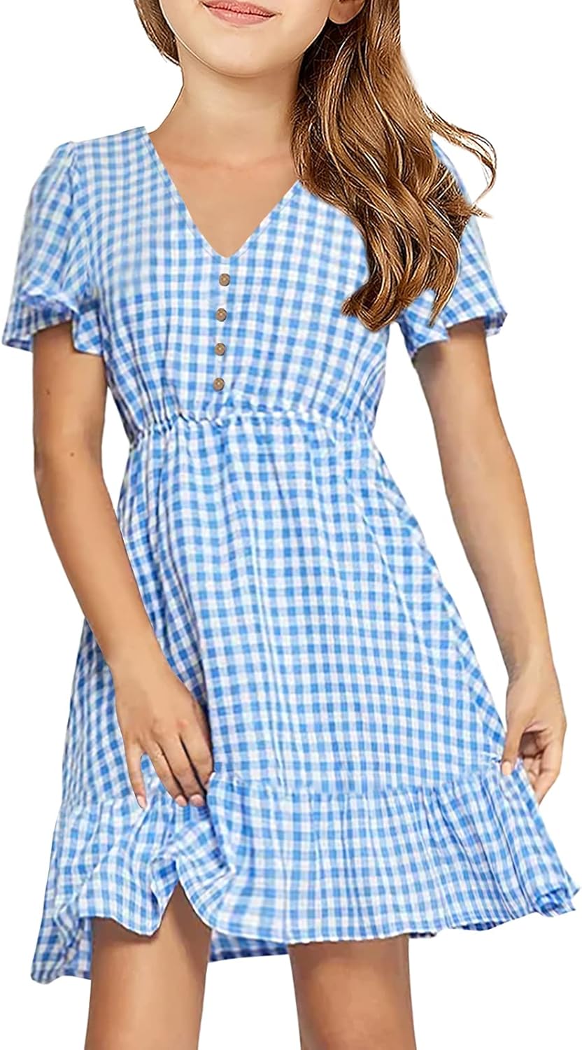 Girls Polka Dot Print Midi Dress Button Down V Neck Short Sleeve Ruffle Casual Dresses