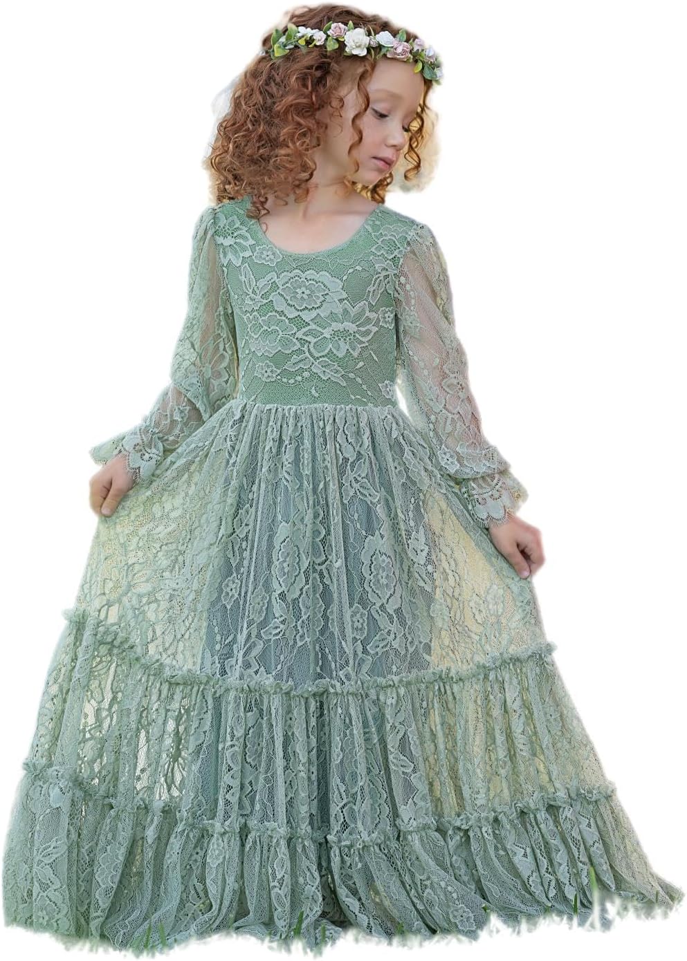 Flower Girl Dress Lace Boho Toddler Dresses Ruffle Girl Dress for Wedding Garden Party Holiday Communion Long Sleeve