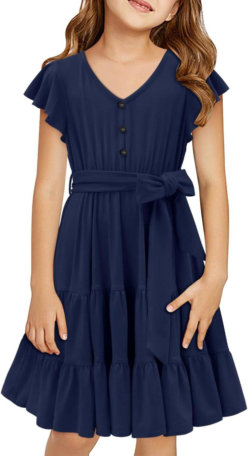 Girls Short Sleeve Dress V Neck Button Ruffle Hem Dresses with Belt