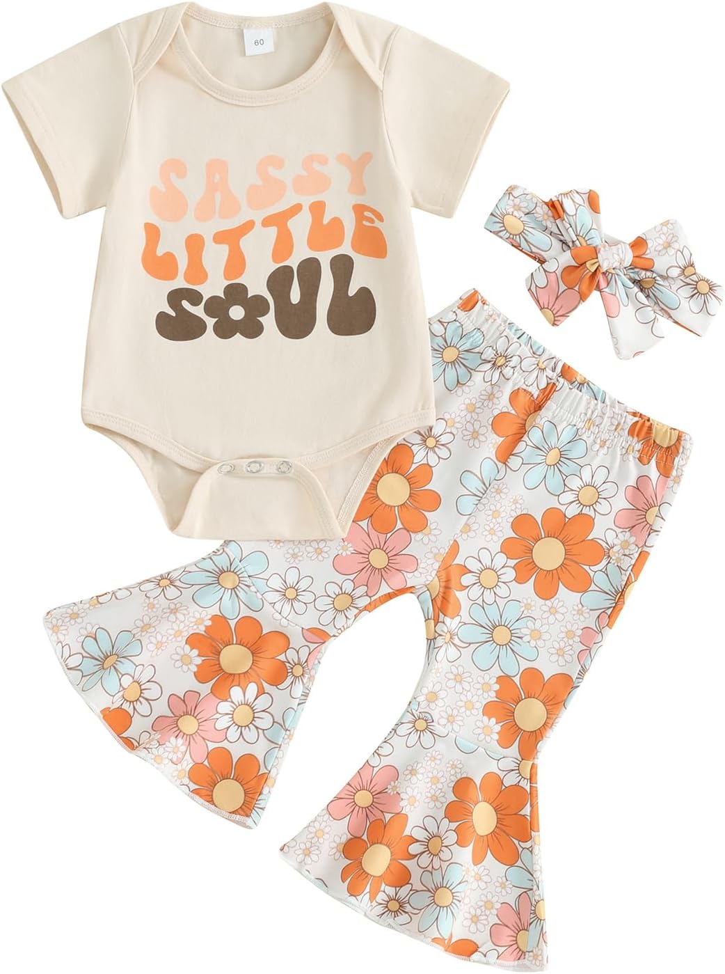 Newborn Baby Girl Summer Outfits Sassy Little Soul Romper Boho Floral Flared Pants Headband 3Pcs Clothes Set