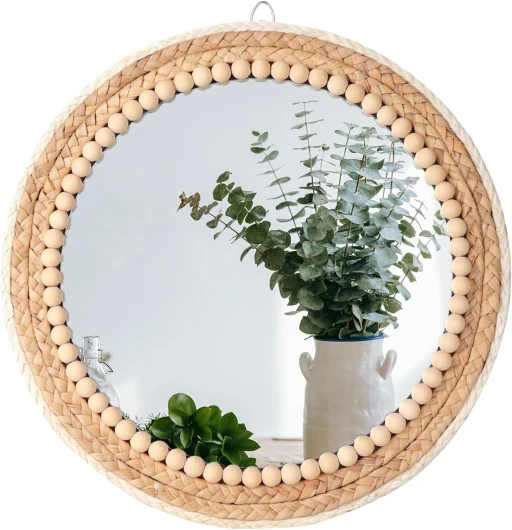 Boho Wall Mounted Mirror Round Hanging Wall Mirror Decorative Rattan Circle Nursery Mirror, Wall Decor for Farmhouse Bathroom Bedroom Living Room, Kids Girls Room, Foyer Home Wall Décor (15 inch)