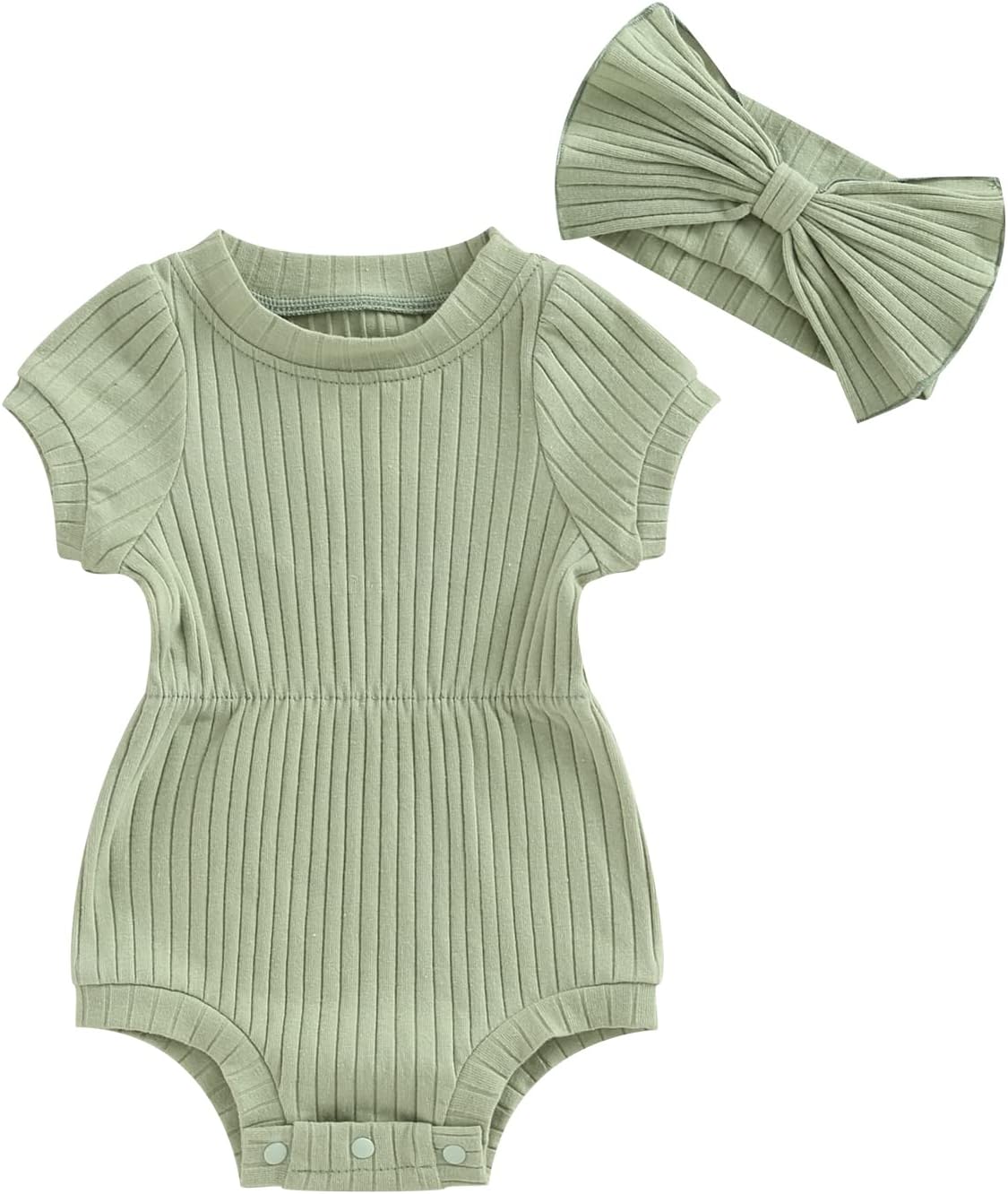 Baby Girl Summer Clothes Ribbed Short Sleeve Romper Solid Color Bodysuits Bow Headband Outfit Newborn Girl Jumpsuit