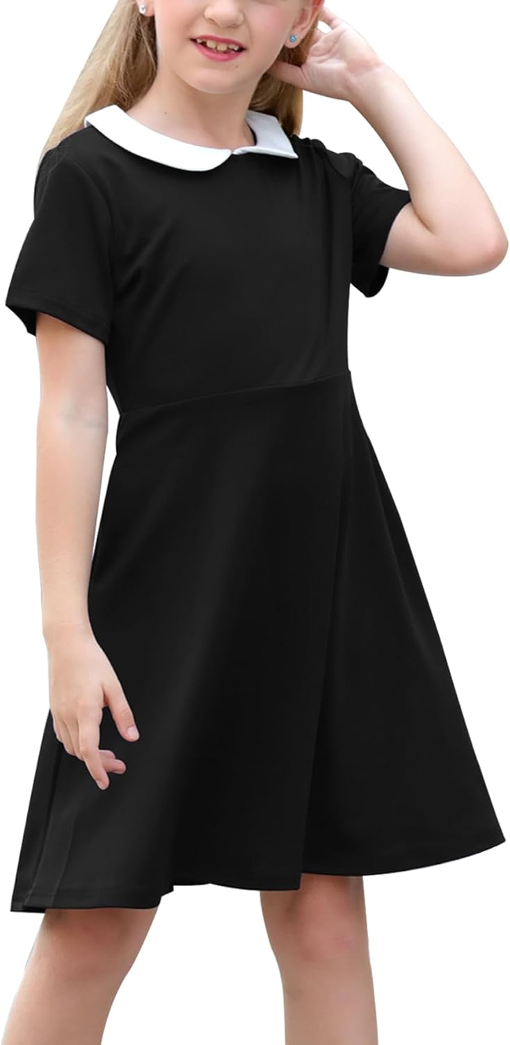 Girl's Short Sleeve Casual Vintage Peter Pan Collar Fit and Flare Skater Party Dress with Pockets 4-12 Years