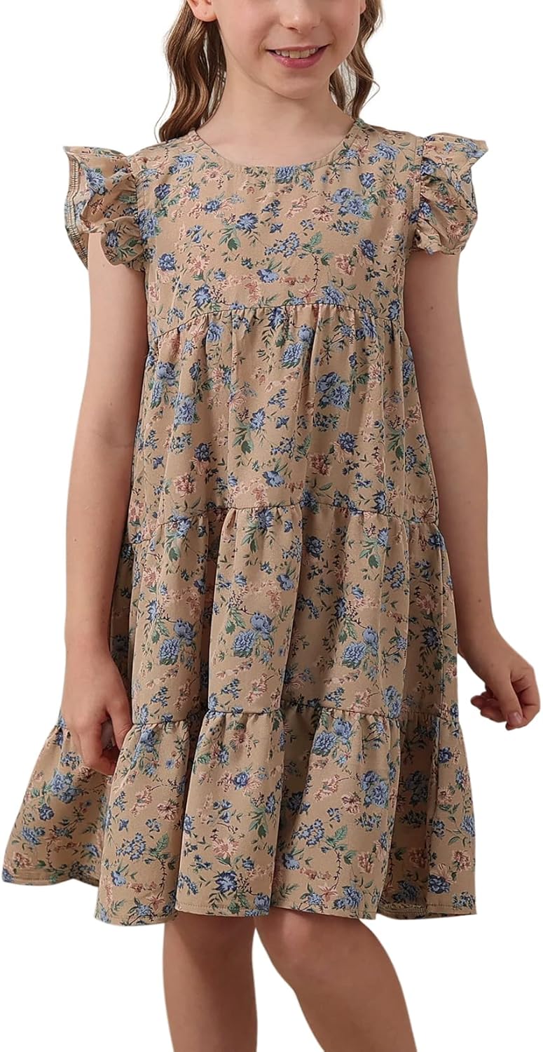 Girls Floral Print Ruffle Sleeve Tiered Loose Fit Pleated Swing Midi Dress 4-14T