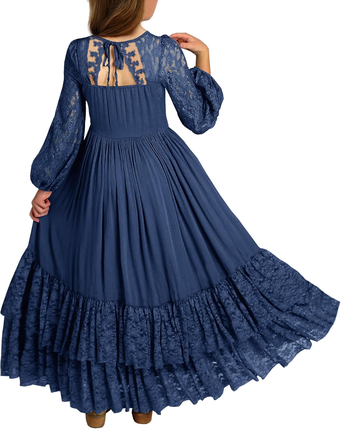 Girls Boho Long Sleeve Backless Lace Flower Square Neck Tiered Ruffle Swing Party Maxi Dress
