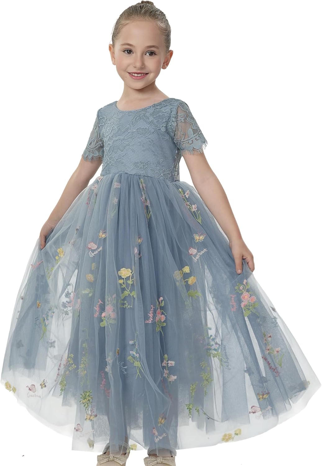 Girl Floral Embroidered Tulle Flower Lace A-Line Garden Flower Girl Dress