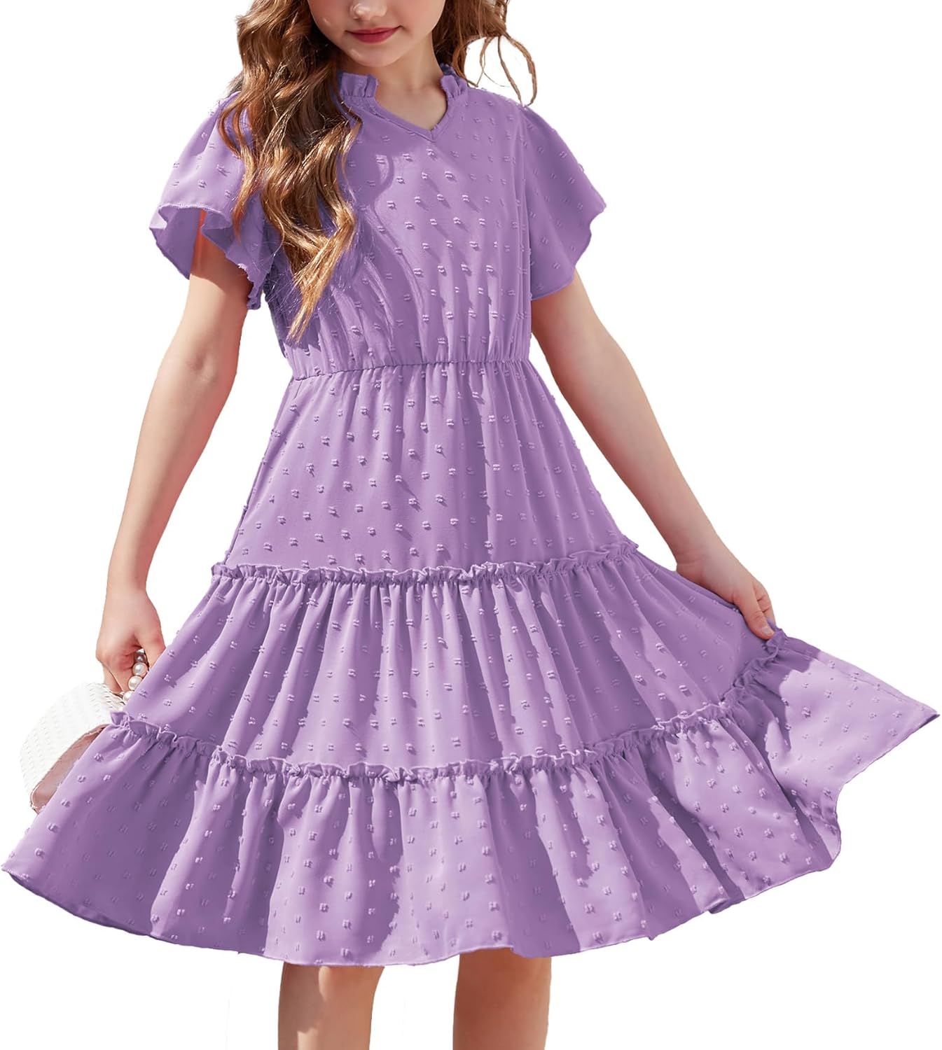 Girls Dresses Summer Ruffle Sleeve Swiss Dot V Neck Twirl Birthday Party Midi Dress with Pockets