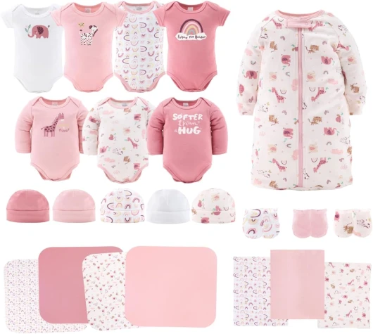 Baby Layette Gift Set for Girls - 23 Piece New Born Girl Gift Set, Baby Clothes & Newborn Essentials Must Haves - Newborn Clothes 0-3 Months - Rainbow Safari