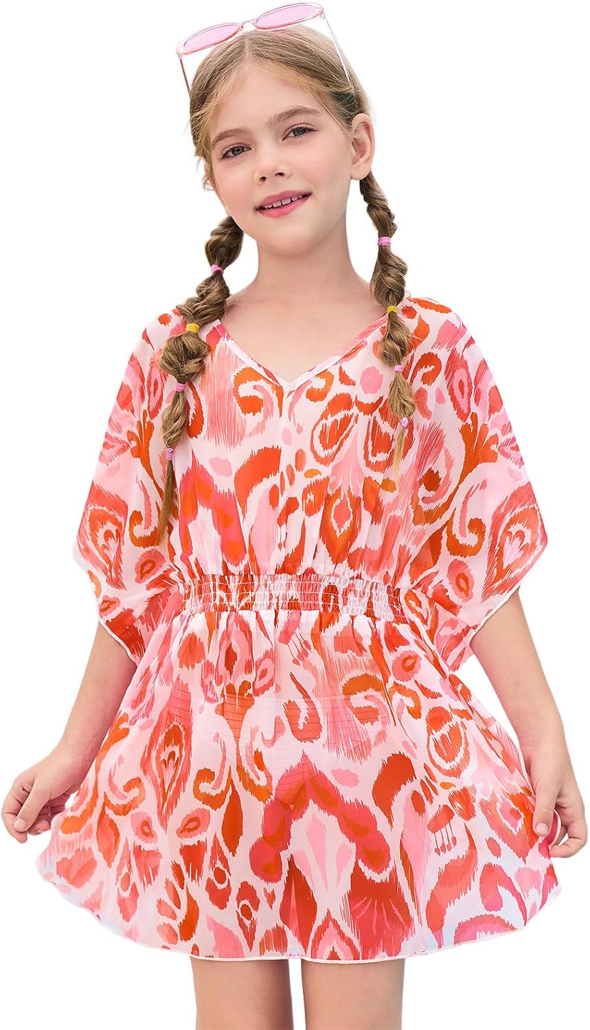 Girls Chiffon Swim Beach Cover Up Kids Cute Elastic Waist Printed Bathing Suit Coverups 5-14 Years