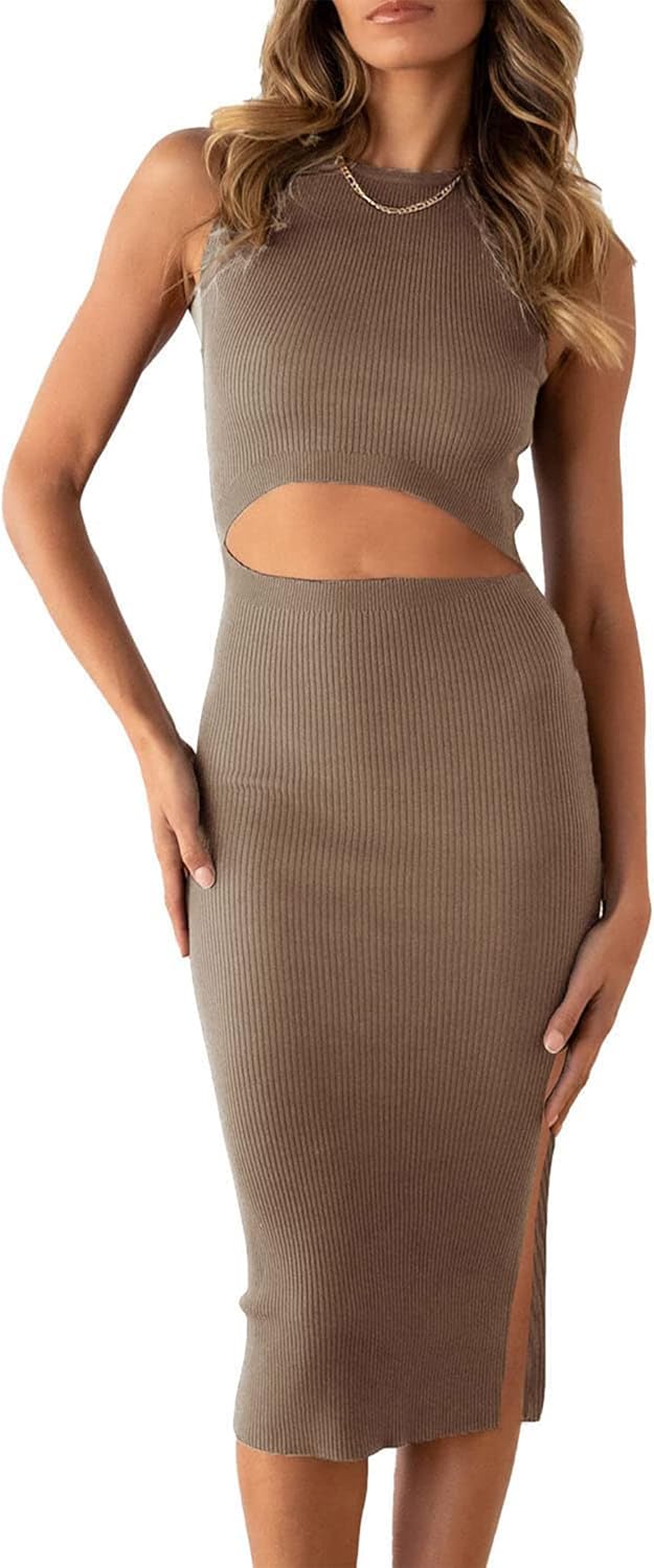 Women's Summer Midi Bodycon Dresses Casual Crew Neck Side Slit Sleeveless Knit Cut Out Tank Top Dress Camel Small