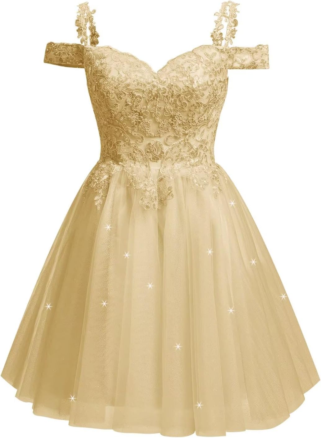 Sparkly Tulle Homecoming Dresses 2025 Lace Short Cold Shoulder Prom Cocktail Party Gowns for Teens Gold 4