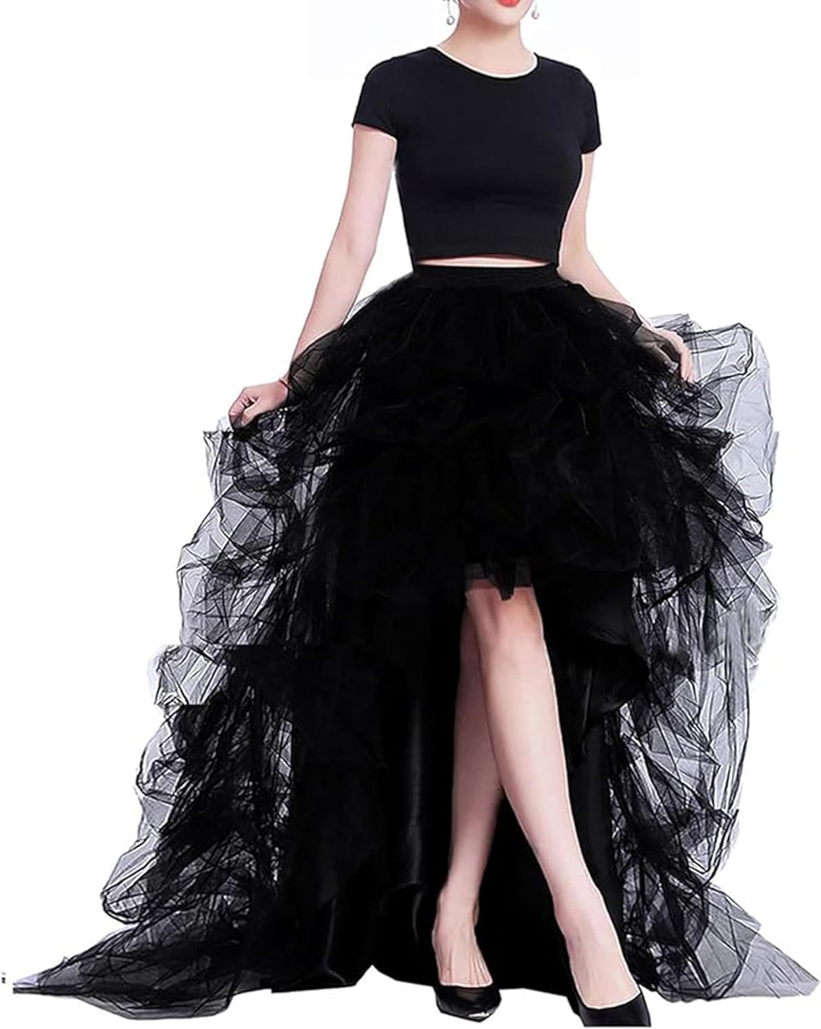 Women High Waist High Low Layered Tulle Floor Length Spectial Occasion Skirt Medium Black