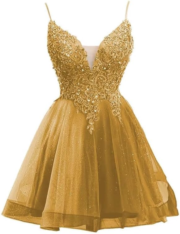 Lace Applique Homecoming Dresses 2025 Sparkly Spaghetti Straps Tulle Short Prom Dress for Teens Quinceanera Dress Gold 2