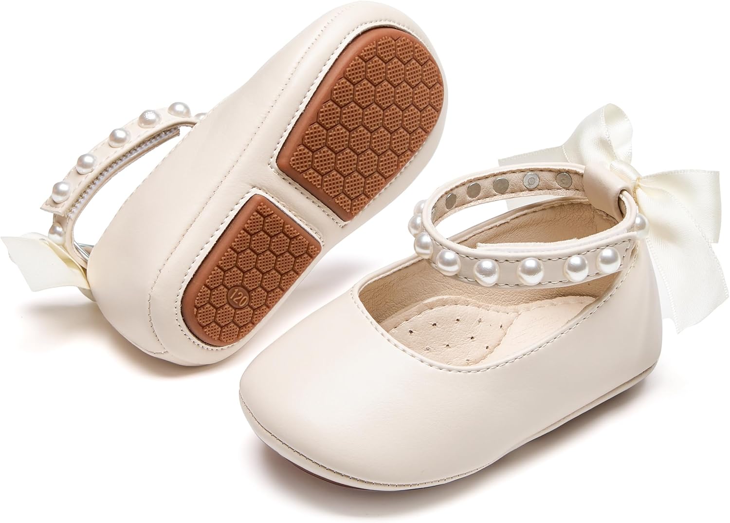 Baby Girls Mary Jane Flats - Infant Newborn Walking Shoes Soft Rubber Sole Princess Wedding