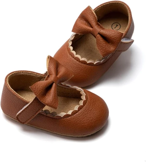 Infant Baby Girls Soft Sole Bowknot Princess Wedding Dress Mary Jane Flats Prewalker Newborn Light Baby Sneaker Shoes 0-6 Months Infant C01/Brown