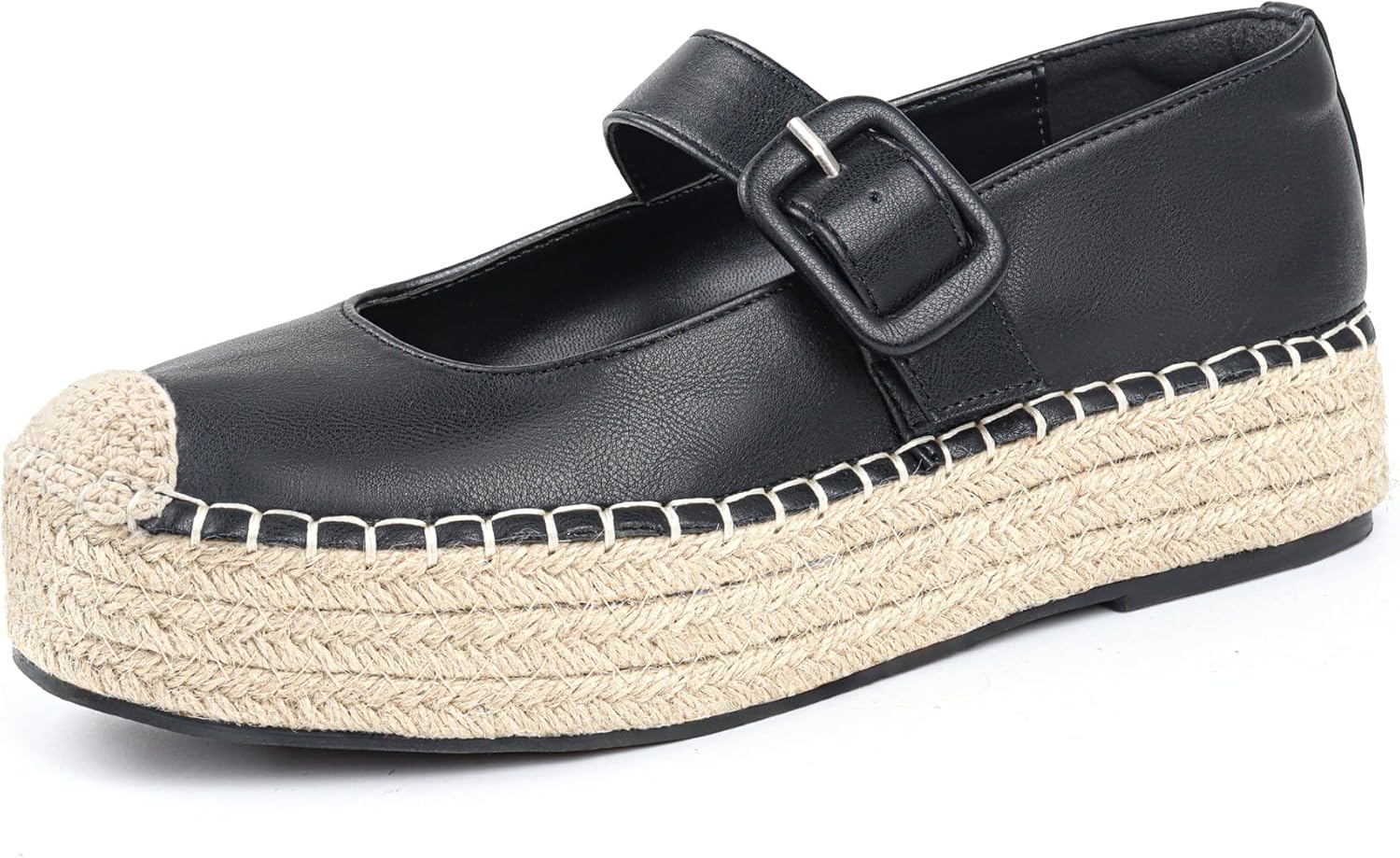Women's Platform Mary Janes Shoes Women Espadrilles Flats Leather Round-Toe Buckle Strap Espadrilles Mary Janes for Women