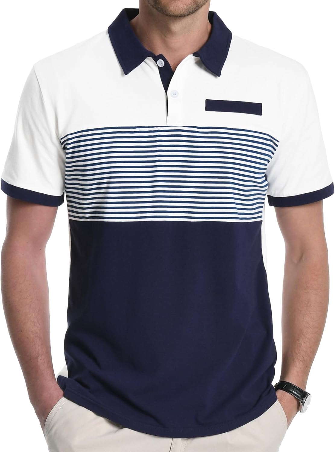 Men's Color Block Polo Shirts, Short Sleeve Two-Tone Striped Cotton Golf T-Shirt for Men