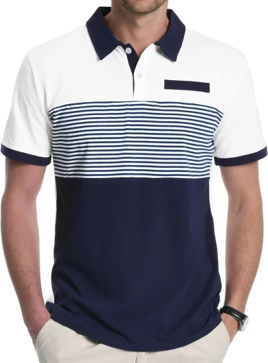 Men's Color Block Polo Shirts, Short Sleeve Two-Tone Striped Cotton Golf T-Shirt for Men