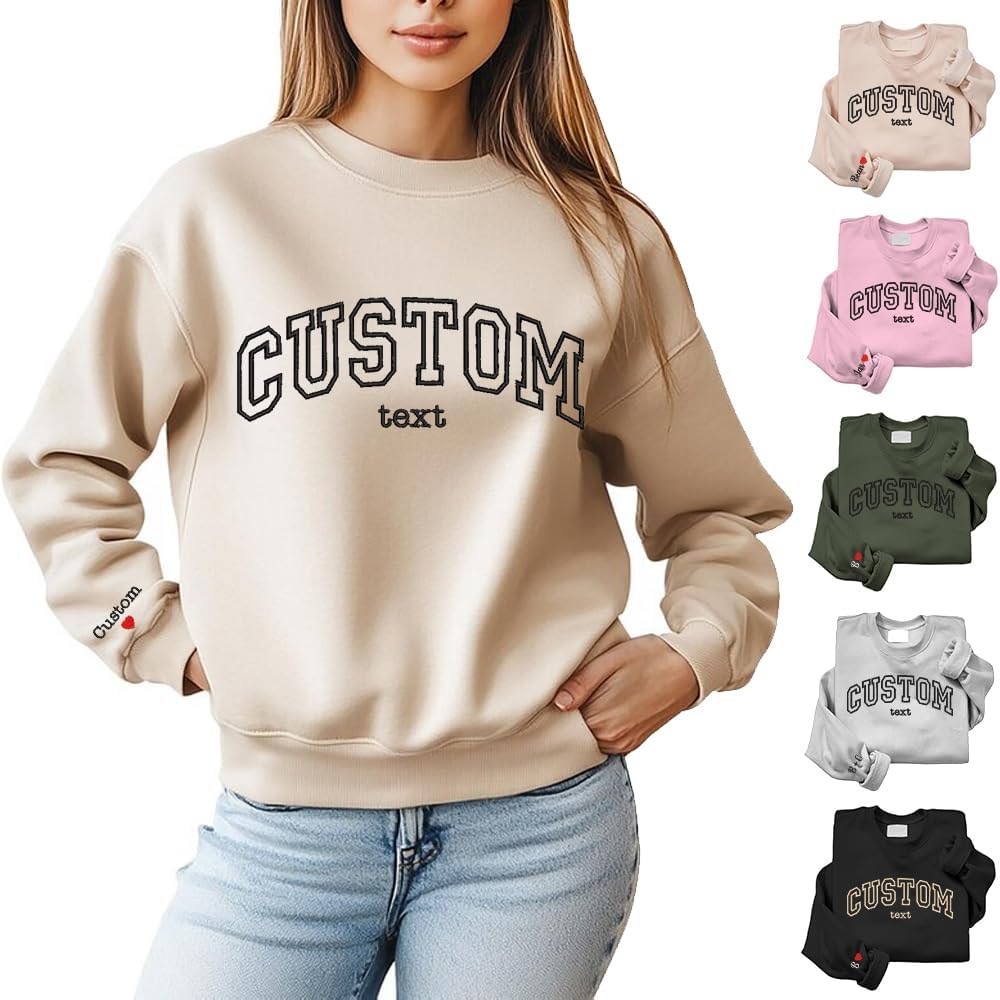 Custom Embroidered Sweatshirts Design Your Own, Personalized Sweatshirts and Hoodies with Text on Sleeves, Customized Gifts for Mother's Day, Birthday and Christmas