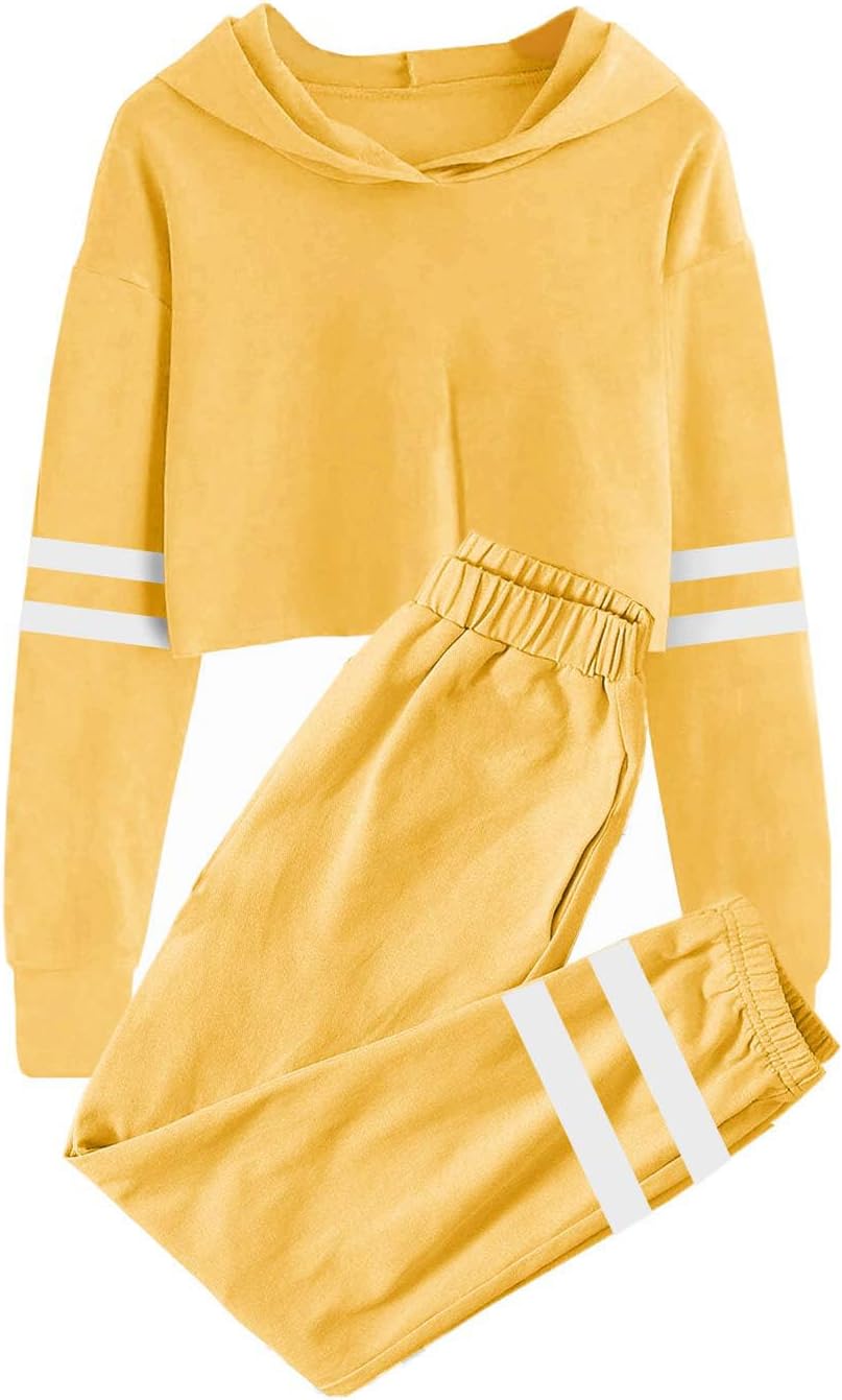 Kids 2 Piece Outfits Girls Crop Tops Hoodies Long Sleeve Fashion Sweatshirts and Sweatpants B-yellow 11-12 Years