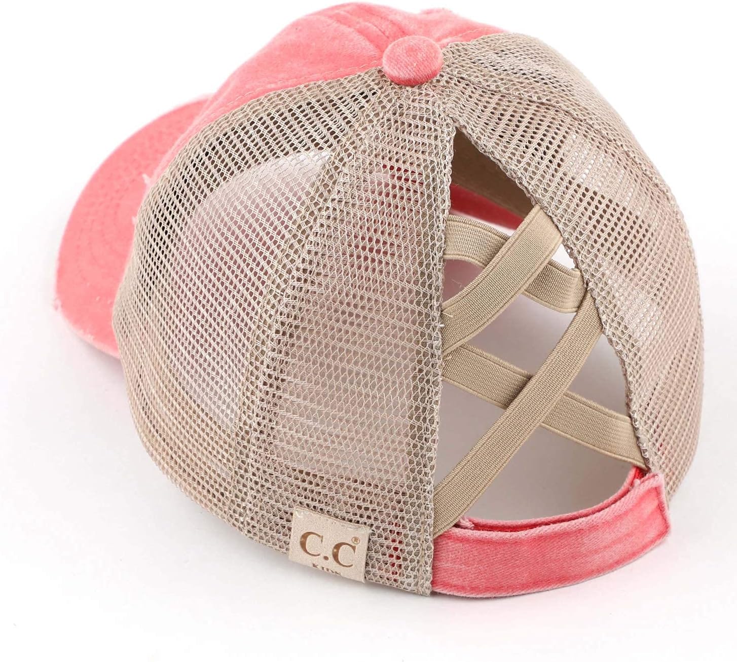 Girls Messy Bun Baseball Cap - High Ponytail Criss Cross Hat, Smiley Face Designs, Seasonal Patterns One Size Coral Washed