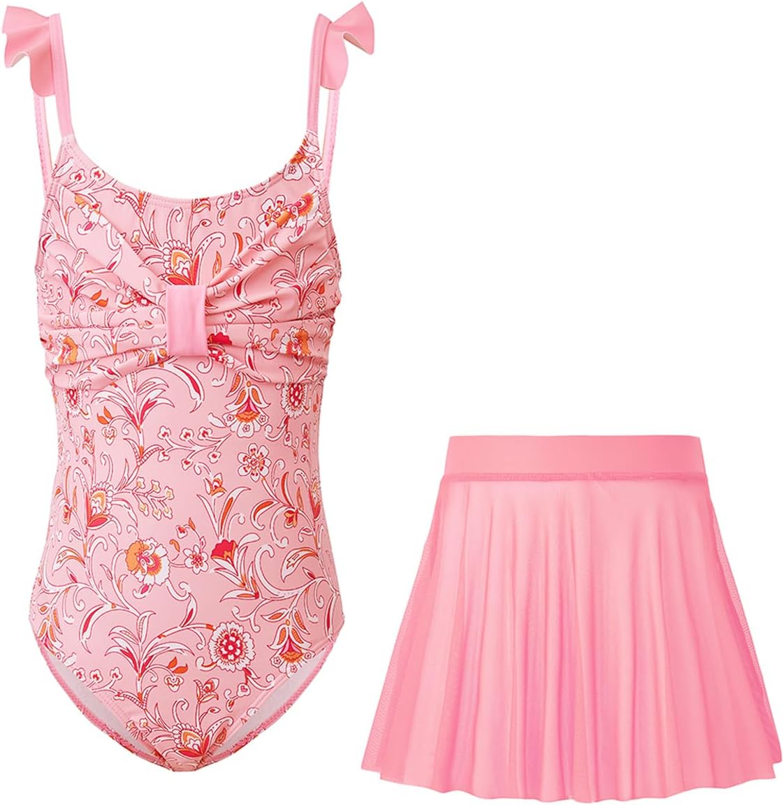 Girls One Piece Swimsuits Kids Bathing Suits Ruffle Bow Floral Beach Swimwear with Skirt 5-14 Years