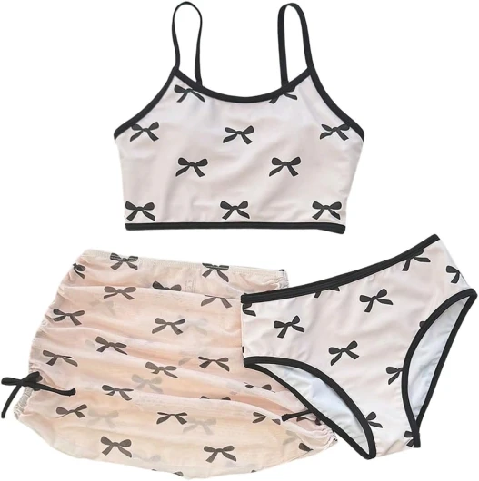 Girl's 3 Piece Bikini Set Bow Swimsuit Spaghetti Strap Cute Bathing Suit with Ruched Cover Up Skirt