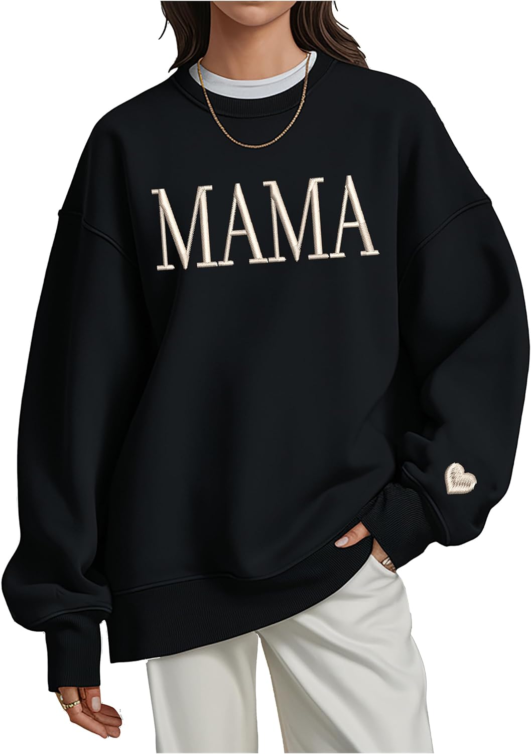 Mama Embroidered Crewneck Sweatshirt Mama with Heart on Long Sleeve Fashion Pullover Size S-4XL