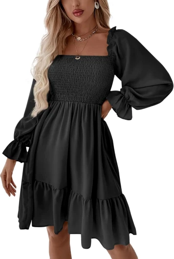 Women's Square Neck Lantern Long Sleeve Ruffle Shirred Flowy Party Mini Dress Medium Solid Black