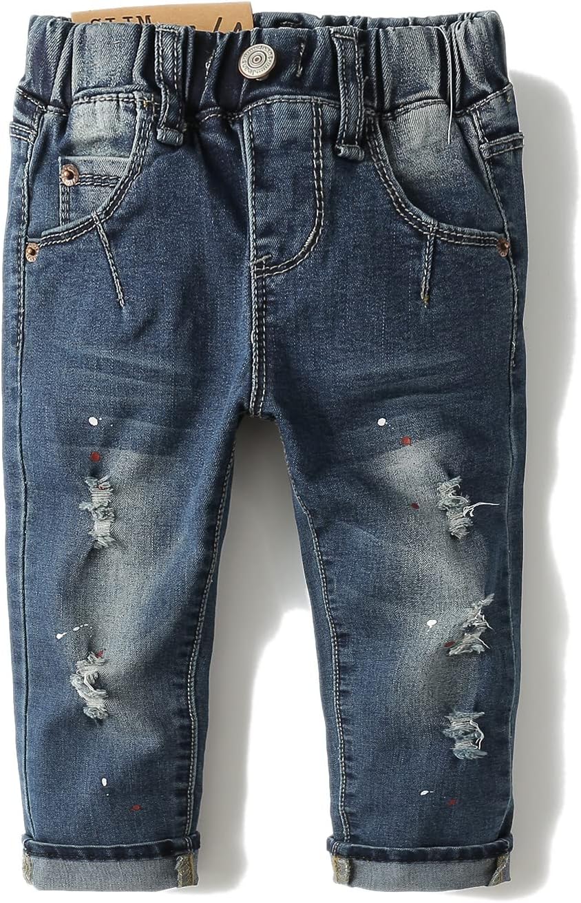 Baby Girl Boy Jeans,Elastic Band Inside with D-Rings Ripped Denim Pants