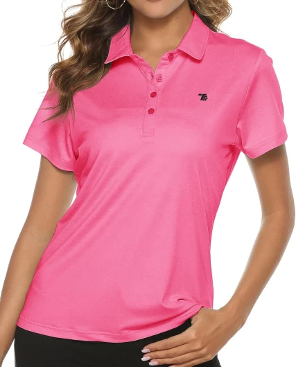 Women's Golf Polo Short Sleeve Shirts Lightweight Moisture Wicking Collared T Shirt Quick Dry 4-Button A9-rose Red Medium