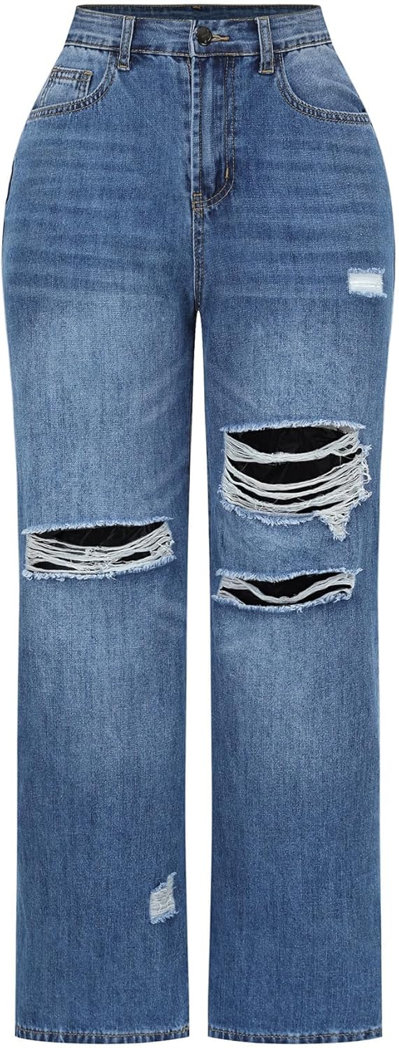 Womens High Waisted Wide Leg Jeans Stretchy Distressed Denim Pants