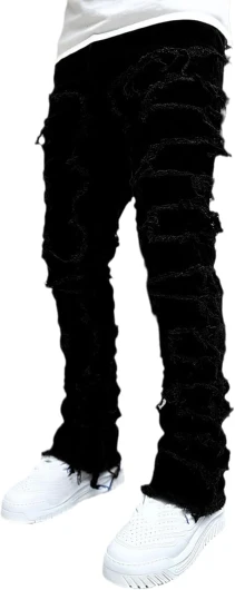 Men's Slim Fit Stretch Jeans Distressed Patchwork Stacked Frayed Straight Leg Skinny Denim Pants