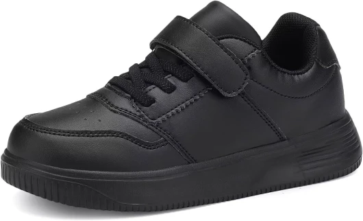 DSWED Unisex-Child Leather Lightweight Breathable Knit Athletic Running Sneakers for Kids Shoes for Boys Girls 4 Big Kid Leather Wear-black