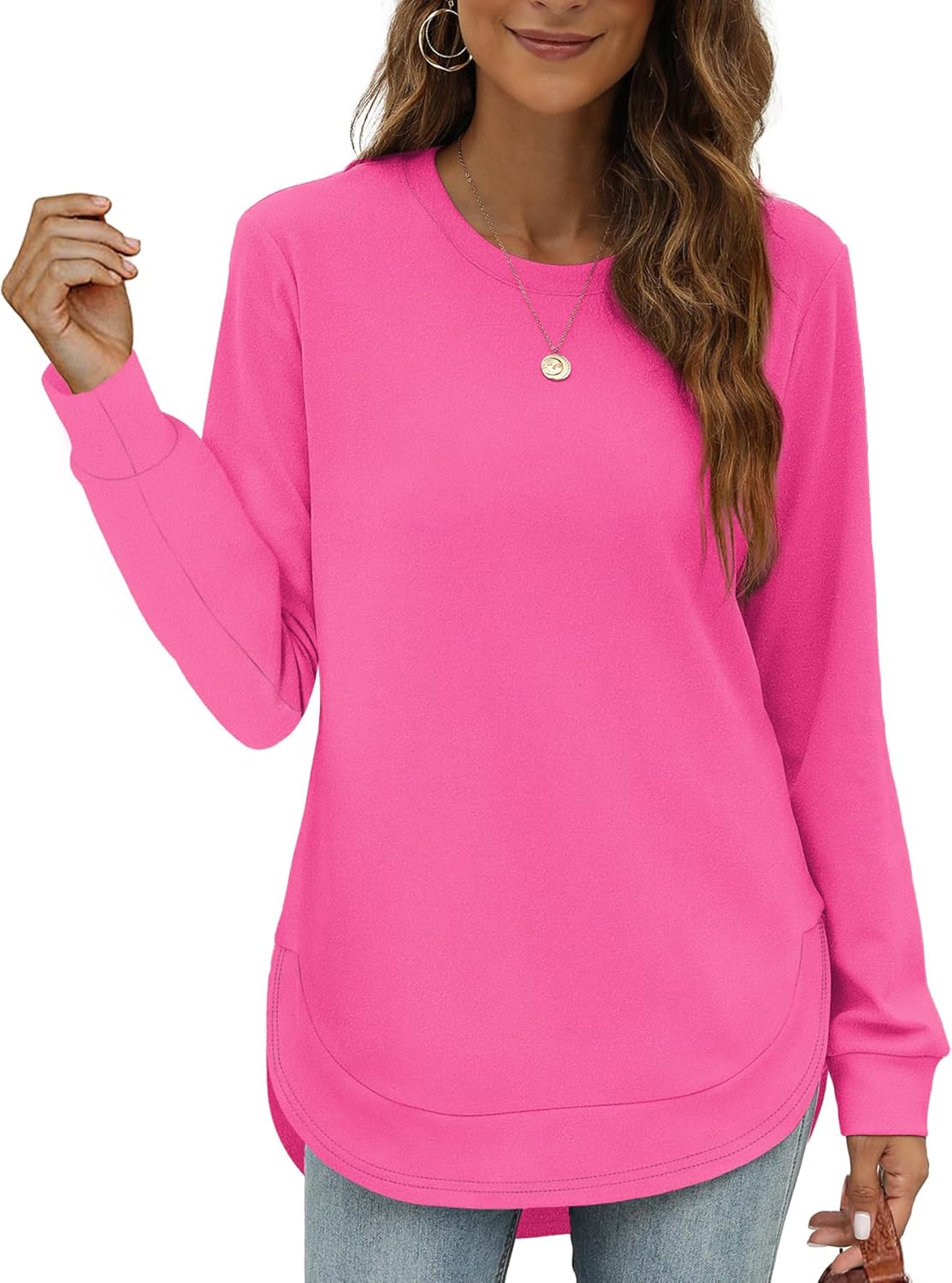 Womens Sweatshirt Crewneck Long Sleeve Shirts High Low Tops Curved Hem W-hot Pink Medium