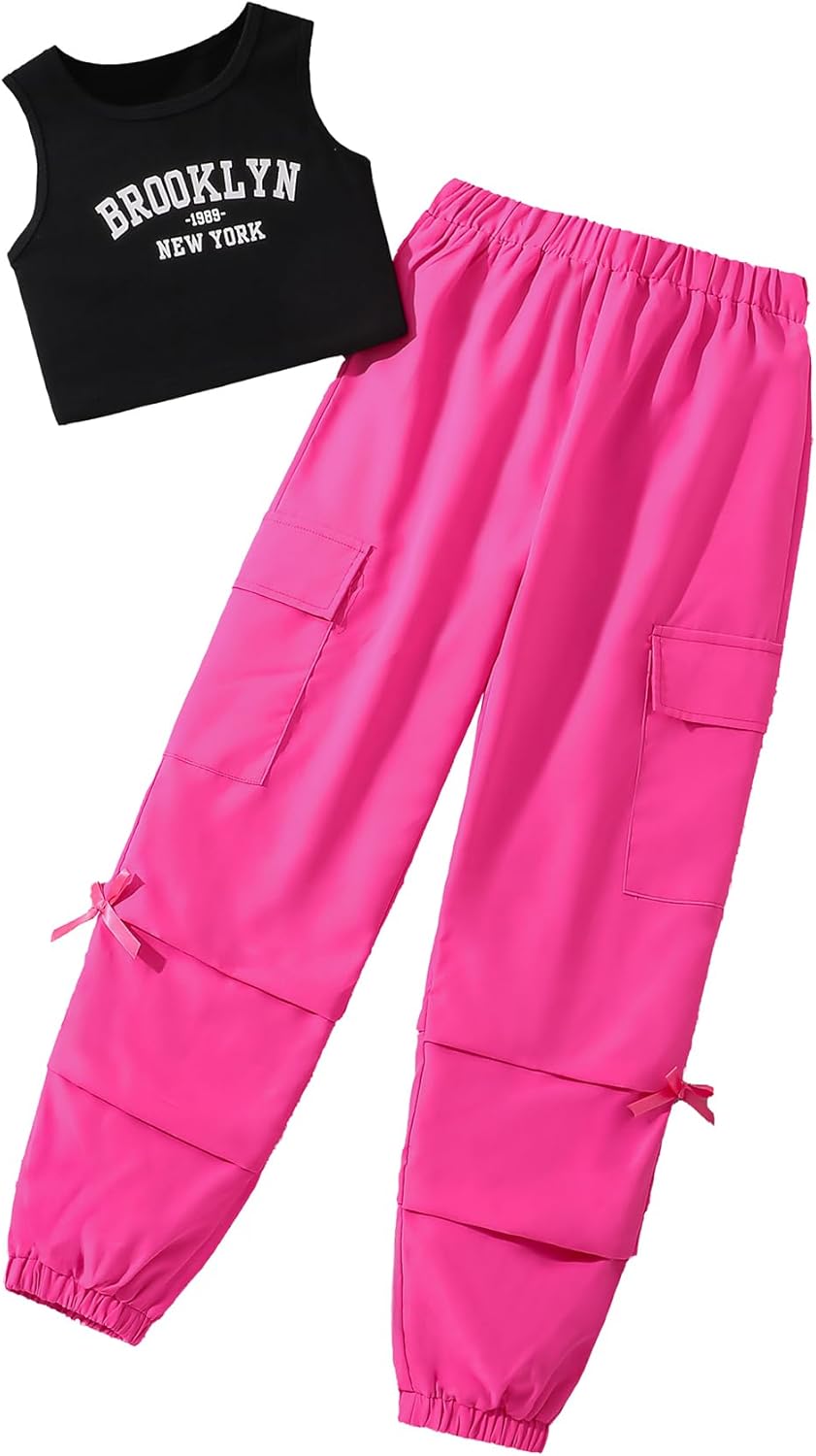 Girls' Summer 2 Piece Outfits Sleeveless Cropped Tank Top and Cargo Pants Set