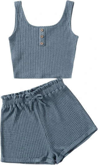 Girl's 2 Piece Outfits Waffle Knit Scoop Neck Button Down Crop Tank Tops Paperbag Waist Track Shorts