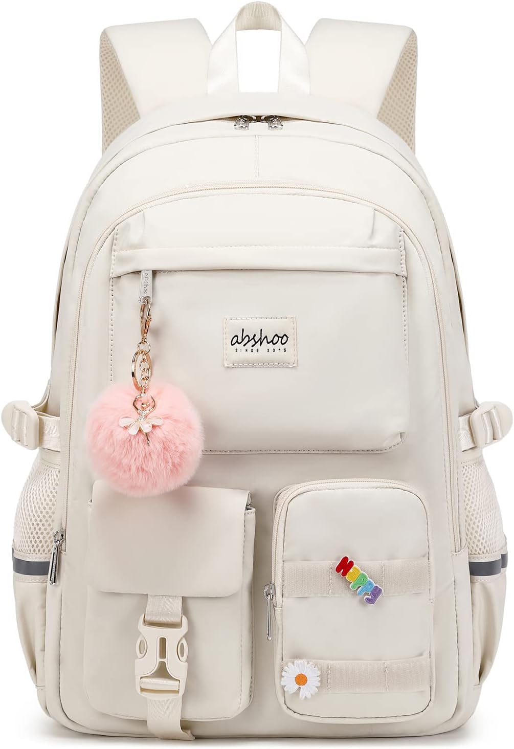 Big Student Laptop Backpack For College Women Middle High School Teen Girls Bookbag Travel Daypack (Beige)