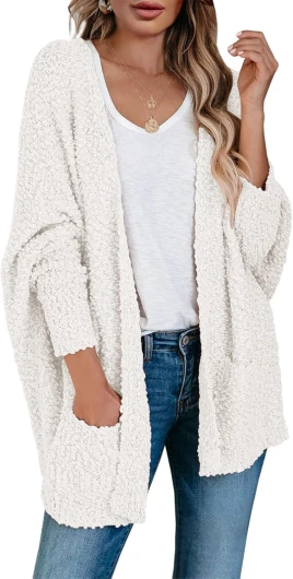 Women's Chunky Popcorn Cardigan Oversized Open Front Boyfriend Batwing Long Sleeve Fuzzy Knit Sweaters Small White