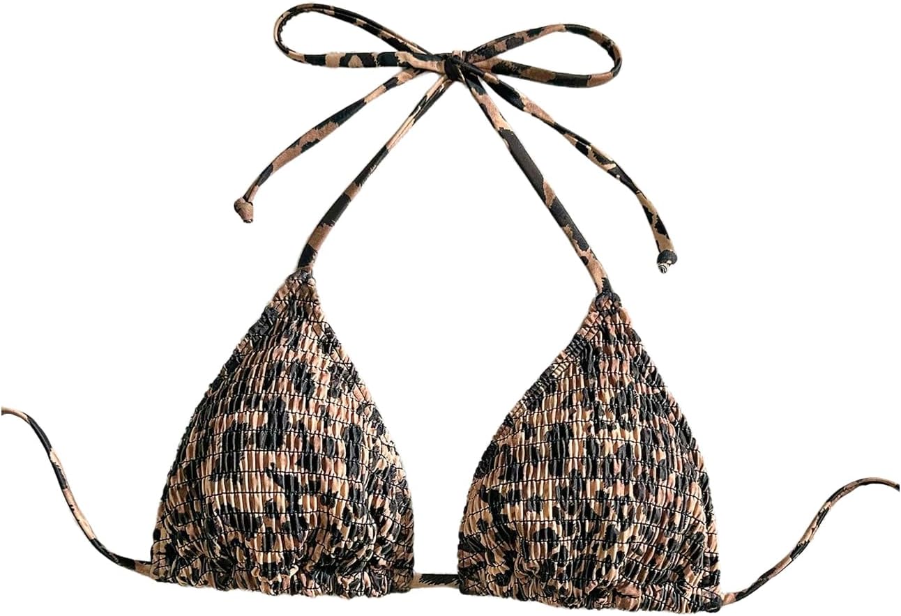 Women's Leopard Print Halter Bikini Top Smocked Swimsuit Summer Beach Vacation Clothes