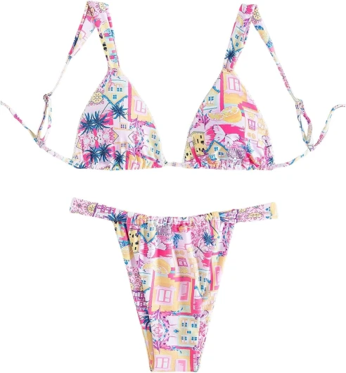 Women's High Waisted Bikini Set Floral Print Spaghetti Strap Smocked Wireless Bathing Suit Swimsuit 2 Piece Set Large Light Pink